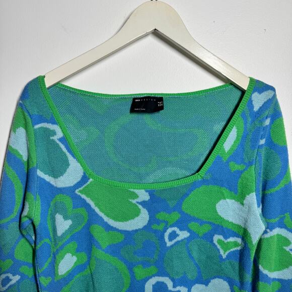 ASOS Design Top Women 4 Blue Green Wavy Heart Square Neck Lightweight 3/4 Sleeve - Picture 3 of 7